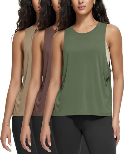 Miniatura 17 de ODODOS Paquete de 3 camisetas sin mangas sueltas para mujer, camisetas sin mangas para gimnasio, atletismo, entrenamiento, camisetas de yoga