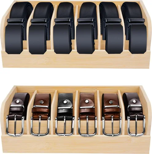 Miniatura 8 de GTI Organizador de cinturón, 2 unidades, 6 compartimentos, organizador de cinturón para armario y cajón, vitrina de bambú para corbata y cinturón