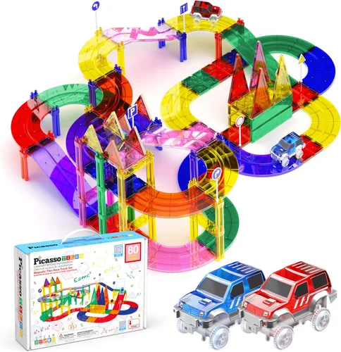 Miniatura 10 de PicassoTiles Juego de 121 azulejos magnéticos de pista de carreras de mármol 3 en 1, juego de construcción de carreras de automóviles, aprendizaje