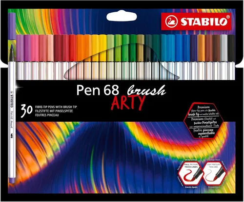 STABILO - Bolígrafo 68 pinceles - Bolígrafo de punta de fibra premium con punta de pincel - ARTY - Paquete de 30 - Colores surtidos