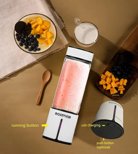 Miniatura 5 de Batidora portátil ROSEVIEW Botella de vidrio recargable por USB, mini batidos de hielo de mano, exprimidor de mezcla de 2 velocidades, Inalámbrico