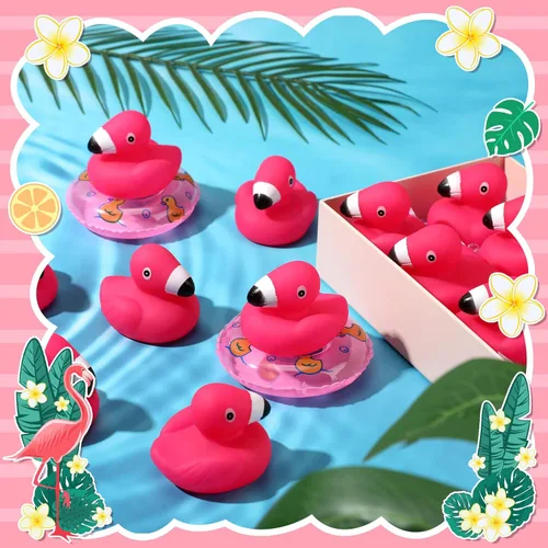 Miniatura 4 de Honoson 100 patos de goma flamencos a granel flamencos rosados recuerdos de fiesta juguete de baño piscina flotante chirriante patos de goma
