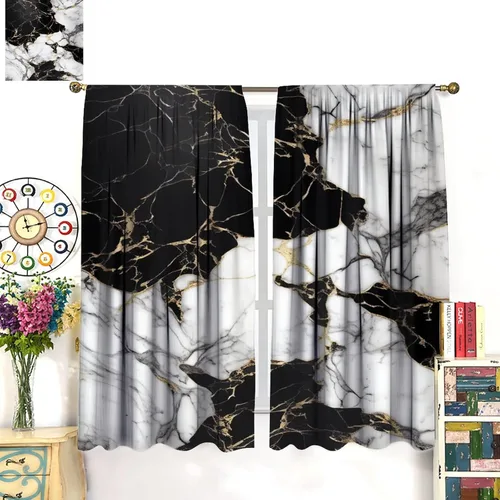 Miniatura 3 de Cortinas de mármol para dormitorio, arte abstracto moderno de lujo, textura de mármol blanco y negro, tratamiento de ventana para sala de estar