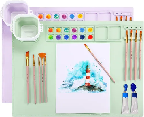 Miniatura 8 de PATIKIL Tapete de pintura de silicona, 2 estaciones de pintura de 20 x 16 pulgadas con taza y soporte para pintura no extraíble, hoja de arte
