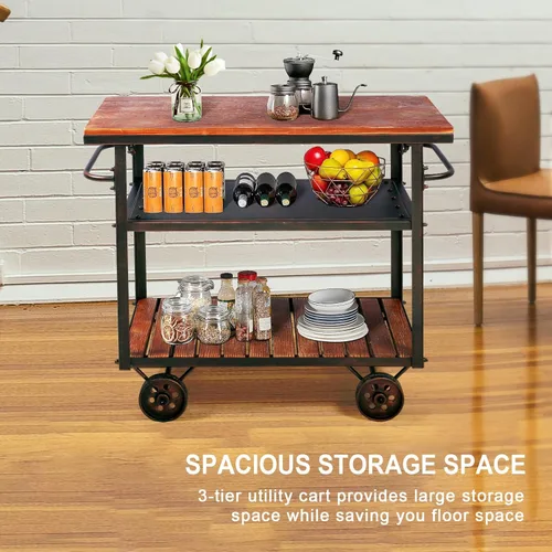 Miniatura 3 de Topower Carrito de bar industrial, carrito de servicio con ruedas y asa, carrito de metal para bebidas de 3 niveles con bandeja extraíble y estantes