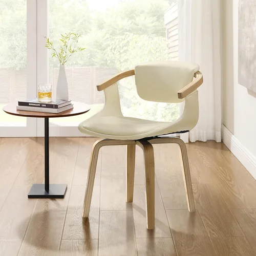 Miniatura 10 de Zouron Silla de escritorio sin ruedas, moderna silla de oficina de madera, silla de cuero sintético con brazo para sala de estar, dormitorio