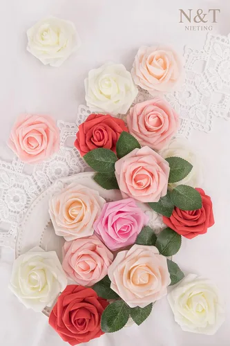 Miniatura 462 de N&T NIETING Flores artificiales, rosas artificiales de color rosa intenso, 50 piezas de flores falsas con tallo para ramos de boda DIY, centros