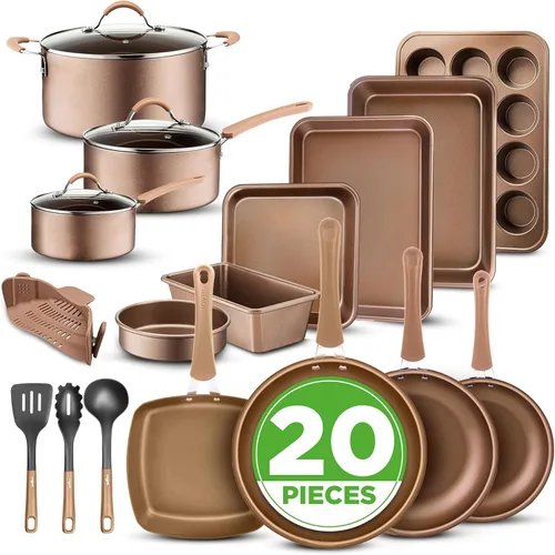 NutriChef Juego de 20 piezas de utensilios de cocina y de horneado profesionales para el hogar, juego de ollas y sartenes de cocina antiadherentes,