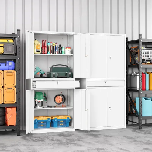 Miniatura 2 de Armario de almacenamiento de metal, archivador alto con 2 estantes ajustables y cajón, gabinete de herramientas de acero con cerradura para oficina