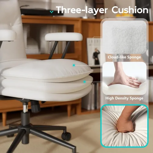 Miniatura 8 de Silla de oficina blanca con asiento ancho grueso de triple capa, silla de escritorio de cuero con respaldo medio con ruedas y brazos, silla de Blanco