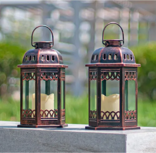 Miniatura 4 de Paquete de 2 faroles solares de bronce, faroles colgantes retro ornamentados con asa, linterna para exteriores con vela LED parpadeante, 6.60 x 6.60