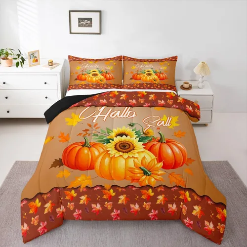 Miniatura 23 de Erosebridal Juego de edredón individual de pavo de Acción de Gracias, juego de ropa de cama de calabaza con hojas de otoño para niños y adultos