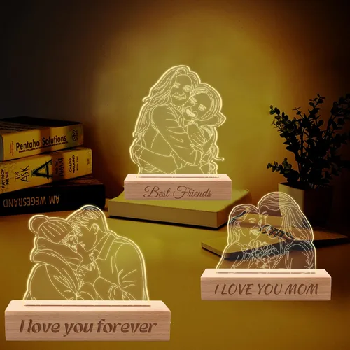 Miniatura 5 de Lámpara de fotos personalizada de ilusión de retrato 3D, placa grabada con imagen personalizada, luz nocturna con base de madera, lámpara LED