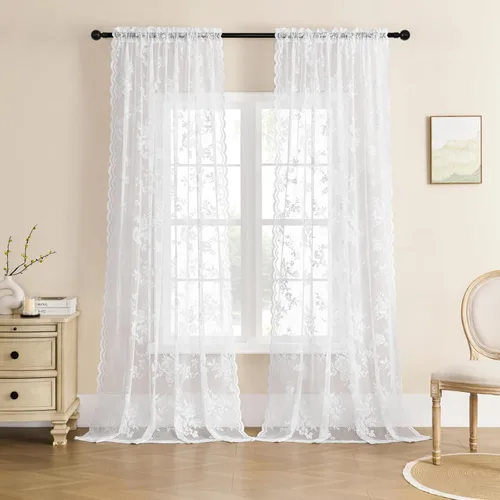 Miniatura 16 de SEEKRIGHT - 2 paneles de cortinas traslúcidas de encaje negro, cortinas góticas florales, cortinas victorianas con bolsillo para cortinero