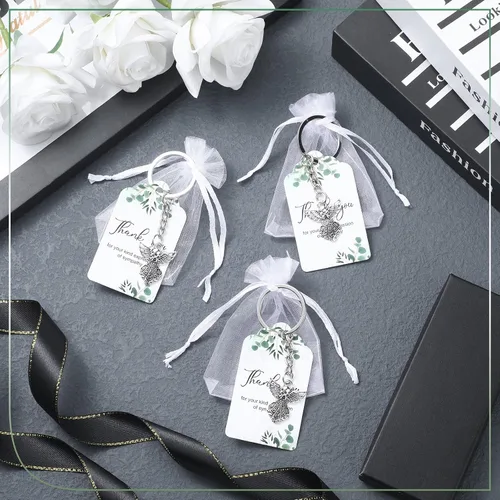 Miniatura 5 de Hicarer Juego de 180 piezas de regalos fúnebres de agradecimiento, 60 piezas de dijes de ángel, llavero de ángel, 60 bolsas de organza blanca, 60