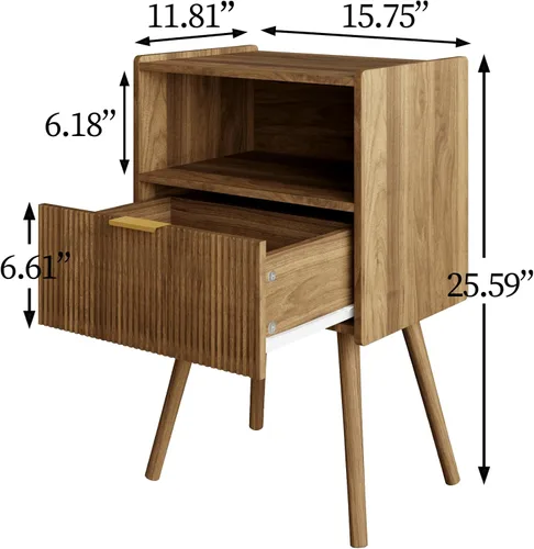 Miniatura 2 de Veegle Mesita de noche, moderna mesita de noche con cajón de almacenamiento y estante de madera abierta, mesita de noche decorativa con patas
