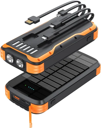 MINRISE Banco de energía solar de 40000 mAh, cargador portátil PD de 20 W, cargador solar de carga rápida, cargador solar integrado con 4 cables y