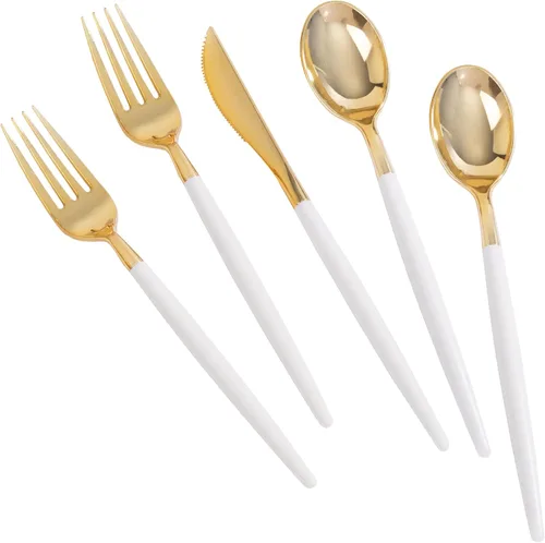 Miniatura 8 de MirthMood - 36 cubiertos de plástico dorados, cubiertos dorados desechables, utensilios desechables resistentes, juego de cubiertos de plástico