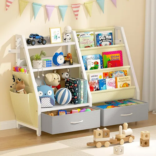 Miniatura 11 de Estantería para niños y organizador de juguetes Twinkoo, estante de libros resistente de 3 niveles para niños, estantería colgante y 2 contenedores