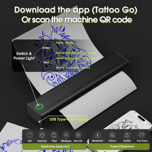 Miniatura 5 de Kit de impresora de tatuajes, máquina de impresión de plantillas de tatuaje con pistola de tatuaje de 6 tiempos de 0.098-0.189 in, fuente