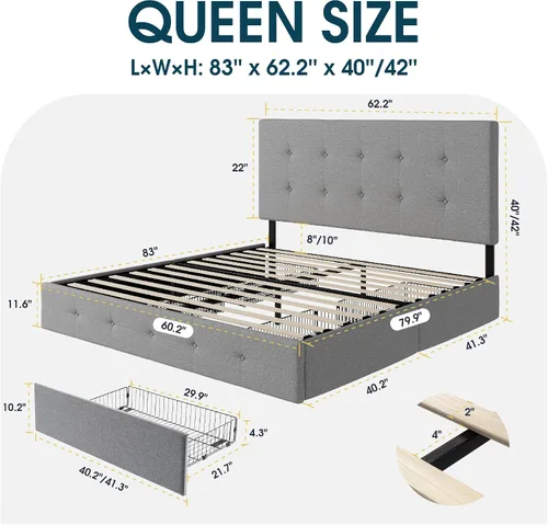 Miniatura 2 de WEEWAY Base de cama de plataforma tamaño Queen con 4 cajones de almacenamiento, cabecera capitonada con botones de puntada cuadrada, base de colchón