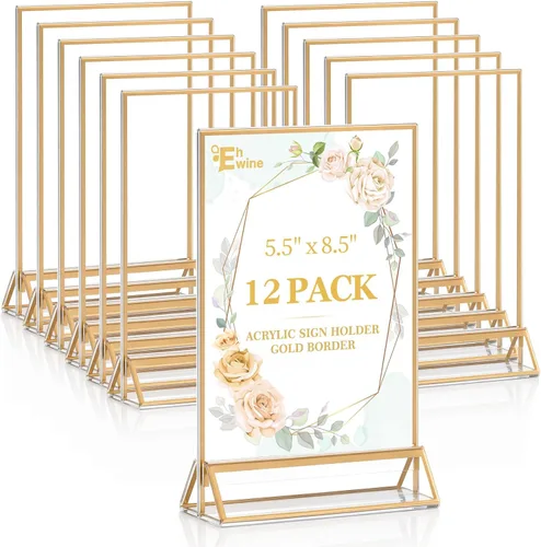 Miniatura 18 de EHWINE Paquete de 12 soportes acrílicos para letreros de 5 x 7 pulgadas, soporte de marco de oro de doble cara, soportes de letreros de mesa