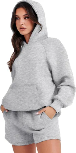 Miniatura 4 de ATHMILE Conjunto de 2 piezas de gran tamaño con capucha y pantalones cortos para mujer, conjunto de otoño 2023 de manga larga y sudadera acogedora