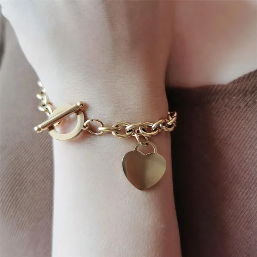 Miniatura 3 de Elegent - Pulsera de acero inoxidable con dije de corazón con cierre de palanca, chapado en oro y plata, cierre de OT, pulsera de cadena