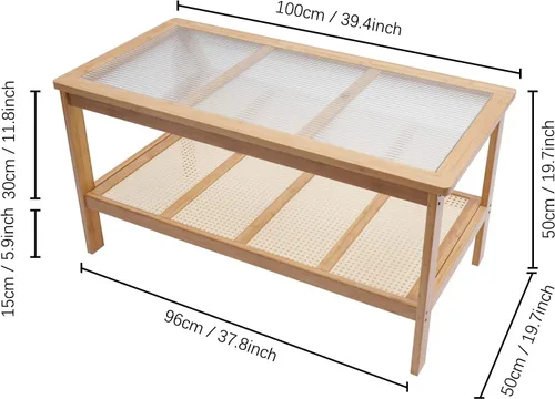 Miniatura 2 de Gdrasuya10 Mesa de centro moderna de bambú para sala de estar, mesa auxiliar rectangular de 2 niveles, mesa central de vidrio, estante