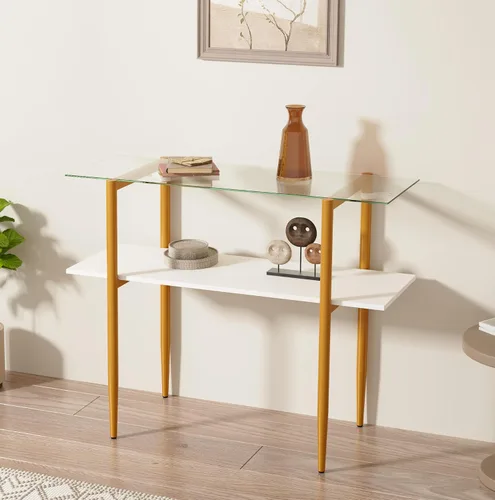 Miniatura 4 de Furnify Mesa de sofá de vidrio, mesa de entrada de estilo moderno de mediados de siglo con vidrio templado y patas doradas, mesa de 2 niveles detrás