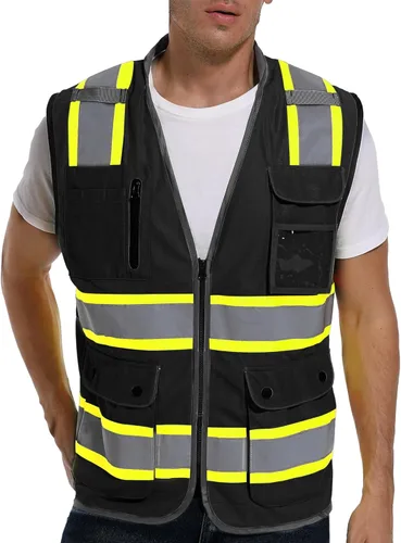 ArcRidge Chaleco de seguridad reflectante para hombres y mujeres, chaleco de construcción de alta visibilidad, tiras reflectantes de doble tono Negro