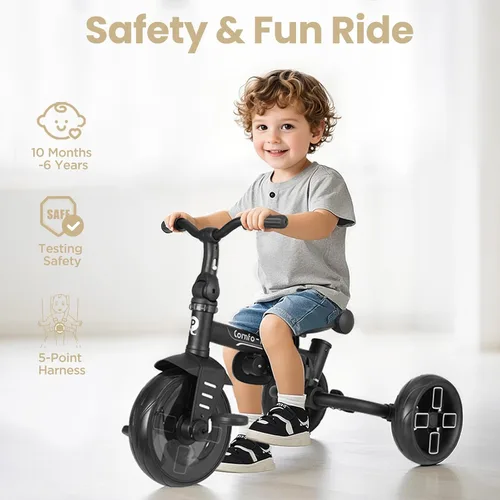 Miniatura 4 de QPlay Cochecito de bicicleta para bebés de 10 meses a 6 años de edad, cochecito plegable 8 en 1 para niños pequeños de 3 a 5 años, triciclo de Beige