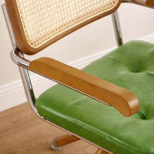 Miniatura 9 de Zouron Silla de escritorio moderna de mediados de siglo, silla de oficina de piel sintética sin ruedas, sillón giratorio con respaldo de ratán