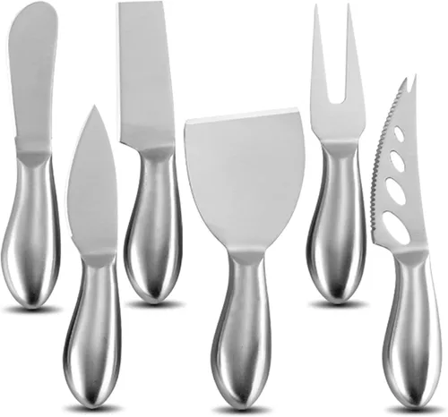 VANRA Juego de 6 cuchillos de queso de acero inoxidable con esparcidor de mantequilla y tenedor para tablas de embutidos y platos de queso