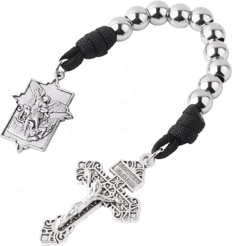 Miniatura 43 de Rosario de bolsillo estilo abierto una década de acero inoxidable rosario católico con crucifijo medalla de San Benito con bolsa de regalo