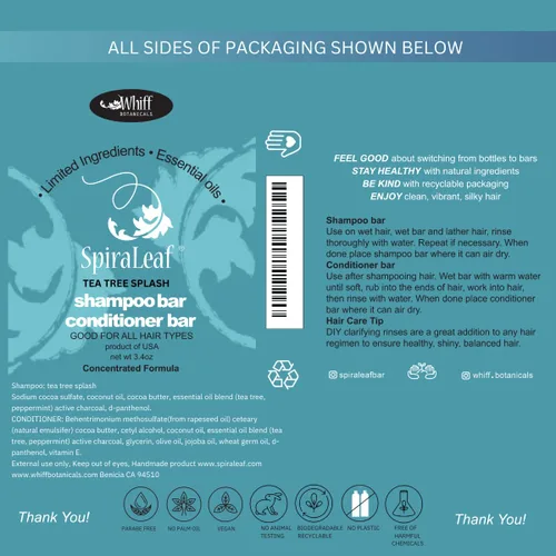 Miniatura 6 de SPIRALEAF Juego de barra de champú sólido y acondicionador, mezcla de aceites esenciales TEA TREE SPLASH, ingredientes limitados, fórmula