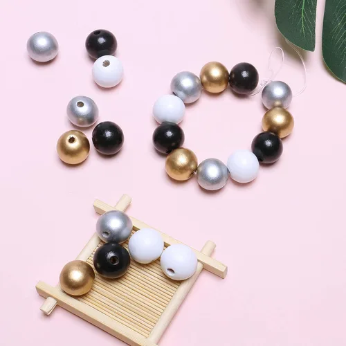 Miniatura 7 de 50 cuentas redondas de madera mezcladas en colores dorado y plateado, cuentas sueltas pintadas lisas de 0.787 pulgadas (0.787 pulgadas), suministros