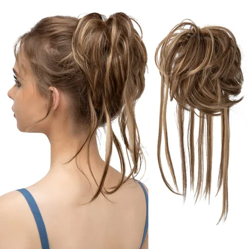 Miniatura 20 de CJL HAIR - Extensión de cabello tipo coletero de chongo desordenado, rizado, sintético, con colas rectas, scrunchies para peinados de moño