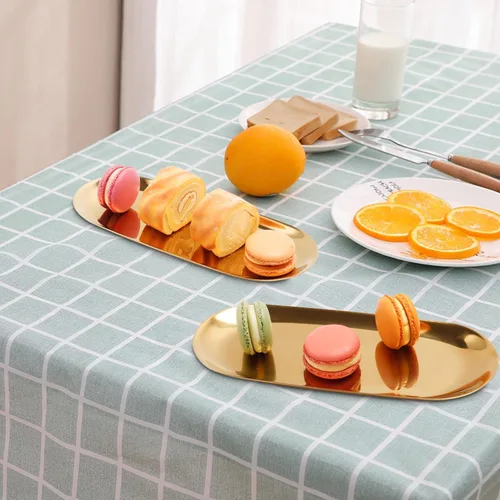 Miniatura 5 de Bandeja de acero inoxidable para toallas/platos, bandejas de almacenamiento de té/frutas, organizador de cosméticos y joyas, dorado, ovalado