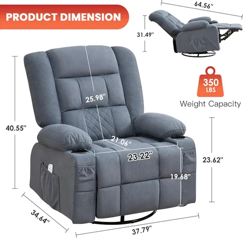 Miniatura 2 de Sillón reclinable de gran tamaño con masaje y calefacción lumbar, reclinable giratorio con control remoto, sofá individual para adultos, personas