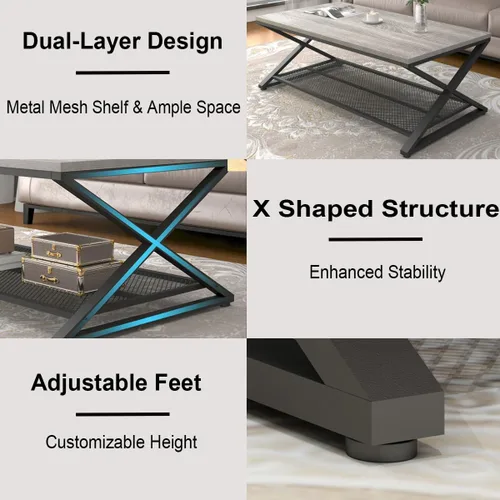 Miniatura 6 de LVB Mesa de Centro Gris, Mesa Central de Madera y Metal Estilo Granja con Almacenamiento para Sala de Estar, Mesa de Cóctel y Té Rectangular