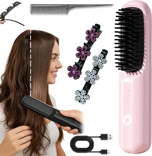Miniatura 9 de Go Bursh - Peine alisador de cabello USB inalámbrico de iones negativos 2026, Brush Pro con pinzas trenzadas de piedra de cristal brillante, Negro
