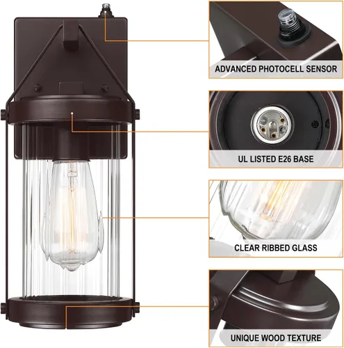 Miniatura 3 de LONEDRUID Paquete de 2 lámparas de pared para exteriores, con sensor de anochecer a amanecer, impermeables, para porche, exteriores, rústico, Marrón