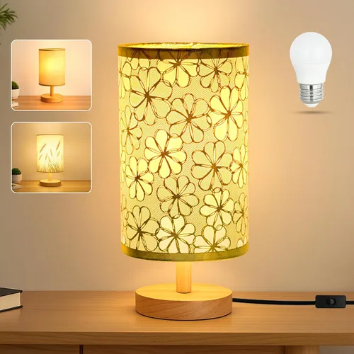 Miniatura 12 de Lámpara de escritorio con bombilla LED incluida, pequeña lámpara de mesita de noche enchufable, base de madera clásica con pantalla de tela de lino