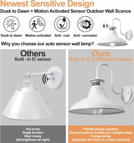 Miniatura 9 de Paquete de 2 apliques de pared de cuello de ganso estilo granja, luces de granero, sensor de movimiento y del anochecer al amanecer, accesorios