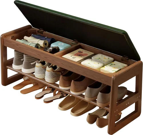 Miniatura 12 de AQIMUELE Banco pequeño para zapatos, banco de zapatos de 2 niveles con almacenamiento con tapa abatible, zapatero de madera para entrada, pasillo