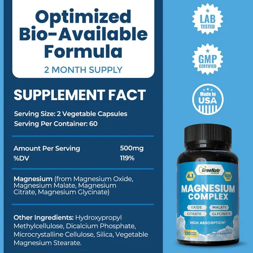 Miniatura 3 de GreeNatr Suplemento Complejo de Magnesio – Suplementos de magnesio con glicinato, citrato, malato y óxido – Tabletas de magnesio para la digestión