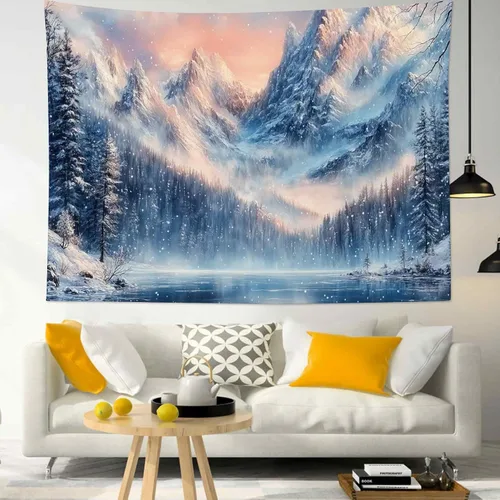 Miniatura 15 de LB Tapiz de Bosque de Nieve de Invierno, Pino Negro y Verde con Copo de Nieve Blanco Tapiz de Pared para Dormitorio, Arte de Pared de Paisaje