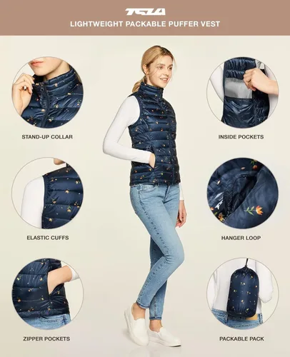 Miniatura 3 de TSLA Chaleco acolchado ligero y plegable para mujer, chalecos de invierno resistentes al agua