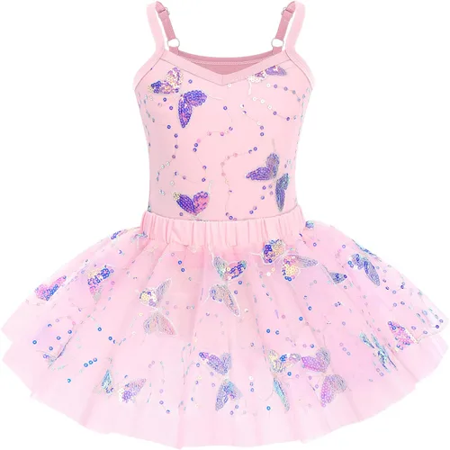 AFAVOM Camisola de lentejuelas de mariposa para niñas, vestido de ballet con volantes, falda tutú con purpurina, leotardo, disfraz de bailarina para